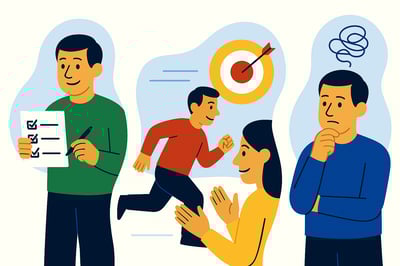 A four-panel illustration showing the same person expressing four behavioral responses under pressure: Green accuracy with a checklist, Red urgency through fast action, Yellow inclusion through engagement, and Blue reflection through thoughtful analysis.