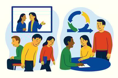 A split-scene illustration comparing a short-lived workshop with a sustained transformation process. On the left, participants leave a workshop looking tired and disengaged. On the right, a team collaborates actively around a workflow loop, symbolizing ongoing transformation.