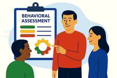 A diverse group of consultants and leaders collaborate while assembling a four-quadrant MyHardWired gear in the correct color order: red in the top-left, yellow in the top-right, green in the bottom-left, and blue in the bottom-right. The illustration symbolizes building a transformation system together.
