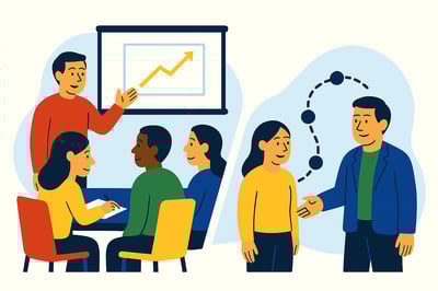 A split-scene illustration showing the difference between a short-term workshop and a long-term transformation journey. On the left, a consultant leads a workshop with participants taking notes. On the right, a consultant guides a client along a multi-step transformation path, emphasizing ongoing progress.