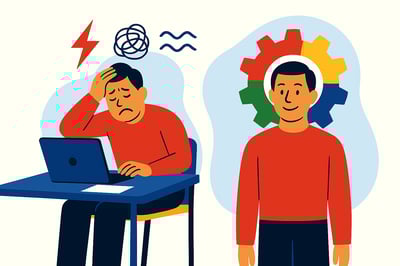 A split-scene illustration shows a stressed leader struggling under pressure on the left and a calm, aligned leader on the right standing in front of a four-color MyHardWired gear in strict order—red top-left, yellow top-right, green bottom-left, blue bottom-right—representing behavioral shifts under stress.