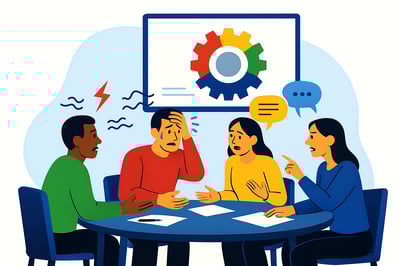 A group of four coworkers sit around a blue table in a tense discussion. One person in green gestures firmly, another in red holds his head in frustration, a woman in yellow speaks with concern, and a woman in blue points while talking. A fully colored MyHardWired gear is displayed on a screen behind them, with wavy lines and a lightning-bolt symbol representing miscommunication. A soft blue abstract background shape anchors the scene.