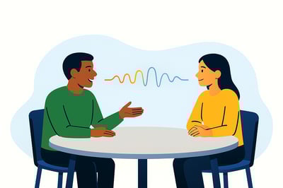 Two colleagues talking as a sound wave subtly changes shape between them, symbolizing translation in communication.