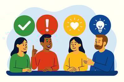 A diverse group of four people sit together, each beneath a colored symbol representing a different motivational style—green for stability, red for urgency, yellow for connection, and blue for insight—showing how individuals are energized in different ways.
