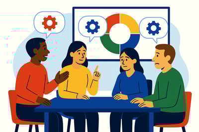 A team meets around a table with each person displaying a different expectation symbol above their head, while a color-coded circular diagram behind them shows how their behavioral modes differ, highlighting clashes in unspoken expectations.