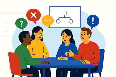 A diverse team sits around a table with different icons above their heads representing unspoken expectations, showing how mismatched assumptions create confusion during teamwork.