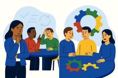 A split-scene illustration showing a consultant misinterpreting tense team behavior on the left, contrasted with the same team communicating clearly on the right with subtle color-coded MyHardWired gears indicating their behavioral Modes.