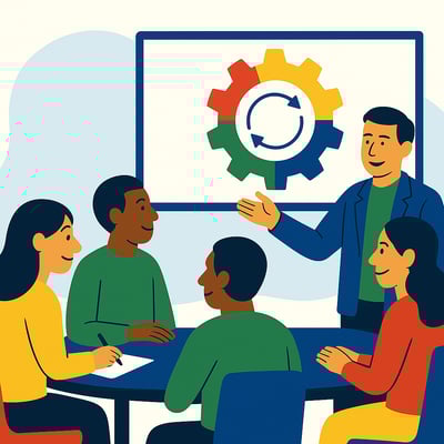 A consultant presents a scenario diagram to clients seated around a table, with a faint four-quadrant MyHardWired gear behind the diagram in the brand’s strict color order—red top-left, yellow top-right, green bottom-left, blue bottom-right.