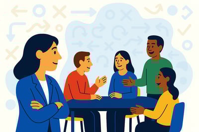 A consultant observes a client team engaged in discussion while faint abstract arrows and patterns in the background hint at hidden behavioral dynamics beneath the surface.