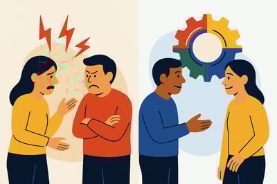 A split-scene illustration showing a tense, frustrated exchange on the left and a calm, aligned conversation on the right, with a MyHardWired four-color gear behind the aligned pair in the correct red–yellow–green–blue order, representing blind spots turning into clarity.