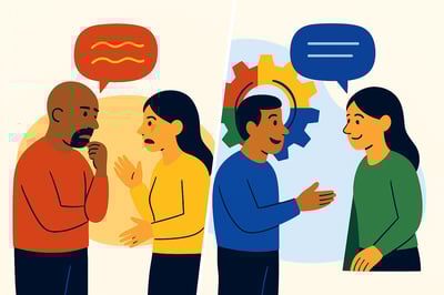 A split-scene illustration showing a tense miscommunication on the left and a clear, aligned conversation on the right, with a MyHardWired four-color gear behind the aligned pair, symbolizing reducing communication blind spots.