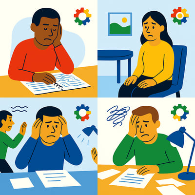 A 2×2 grid illustrating productivity misalignment for each MyHardWired color: Red overwhelmed by excessive planning, Yellow drained by isolation, Blue stressed by constant interruptions, and Green anxious in a chaotic, disorganized workspace. A small MyHardWired gear sits in the corner with a soft blue background shape behind the grid.