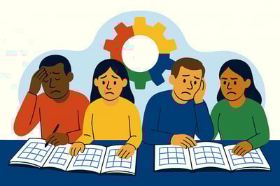 Four people sit side by side at a table, each looking frustrated or drained as they try to use identical planners. A large, fully colored, symmetrical MyHardWired gear hangs on the wall behind them, with red, yellow, green, and blue segments in the correct orientation. A soft blue abstract background shape frames the scene.