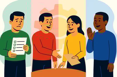 A four-panel illustration showing four leaders delegating in different behavioral styles: a cautious Green leader holding a checklist, a fast-moving Red leader handing off a task, a relational Yellow leader offering a warm collaborative gesture, and a relaxed Blue leader encouraging autonomy.