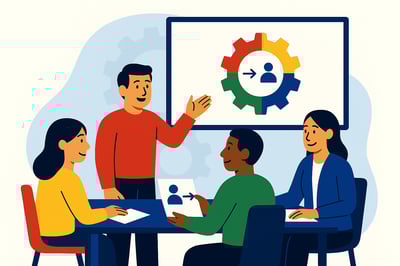 A leader presents a simple delegation flowchart to a small team seated around a table, with a large four-quadrant MyHardWired gear behind the diagram in the brand’s strict color order — red top-left, yellow top-right, green bottom-left, blue bottom-right.