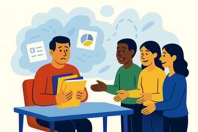 A leader clutches a stack of folders at their desk, looking unsure about handing them off as three supportive team members reach forward, ready to help — illustrating the internal struggle leaders face when delegating.