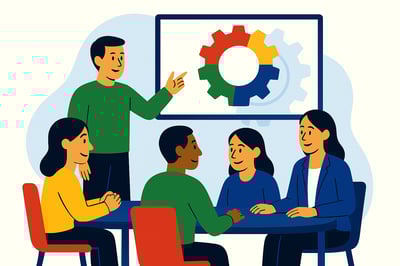 A leader presents to a small team seated around a table while a screen displays a four-quadrant MyHardWired gear in the brand’s strict color order—red top-left, yellow top-right, green bottom-left, blue bottom-right. The team listens calmly and collaboratively, representing clarity around stress patterns.