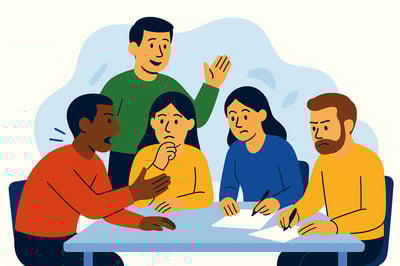 A diverse group of coworkers each display a different stress reaction—one rushing forward, one looking overwhelmed at a desk, one trying to smooth tension, and one reviewing details on a checklist—illustrating how team members respond differently when pressure rises.