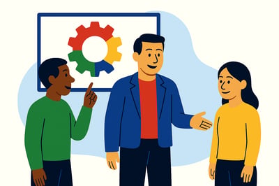 A consultant stands with two colleagues in front of a presentation screen showing a four-quadrant MyHardWired gear in the correct color order—red top-left, yellow top-right, green bottom-left, blue bottom-right. One colleague gestures toward the gear as they discuss behavioral tools.