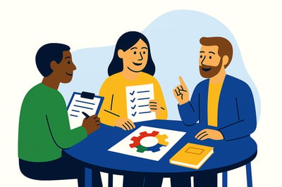 A diverse group of consultants sit around a table reviewing toolkit materials, including a checklist and a four-quadrant MyHardWired gear diagram in the correct color order—red top-left, yellow top-right, green bottom-left, blue bottom-right. They collaborate and discuss how to apply the system in practice.