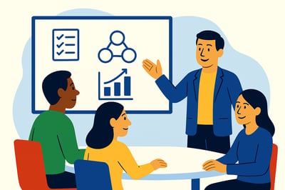 A consultant stands in front of a group of leaders, presenting simple visual tools—checklist, diagram, and chart—on a whiteboard in a flat MyHardWired-style illustration. The group appears engaged and collaborative.
