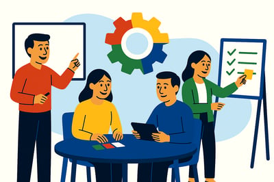 A team of four works in behavioral alignment: Red leads with direction, Yellow collaborates, Blue reflects with clarity, and Green organizes the system. A MyHardWired gear hangs behind them with a soft blue background, representing confident decision flow.