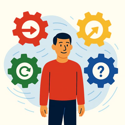 A consultant presents a circular diagram backed by a four-quadrant MyHardWired gear in correct color order—red top-left, yellow top-right, green bottom-left, blue bottom-right—while a diverse group of leaders watches and discusses the behavior shifts that happen during change.