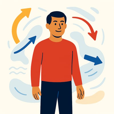 A calm leader stands centered while colorful arrows and abstract shapes swirl around them, symbolizing rapid organizational change.