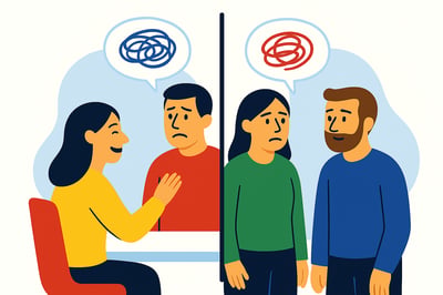 A split image with a woman and man not communicating well and then the same thing on the other side