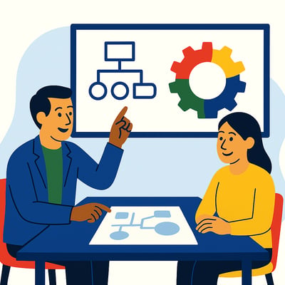 A consultant points to a visual diagram on a presentation screen while a client listens across the table. The screen shows a flowchart and a four-quadrant MyHardWired gear in the strict color order—red top-left, yellow top-right, green bottom-left, blue bottom-right—symbolizing how behavioral patterns can be mapped and predicted.