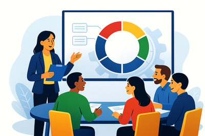A consultant leads a discussion with three clients around a table while a presentation screen displays a circular diagram backed by a subtle four-quadrant MyHardWired gear in the strict brand order—red top-left, yellow top-right, green bottom-left, blue bottom-right. The group appears engaged and collaborative.