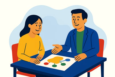 A consultant and client sit together at a table reviewing a simple behavior blueprint diagram. The two appear aligned and engaged as they discuss the visual, set against a clean MyHardWired-style background with soft blue abstract shapes.