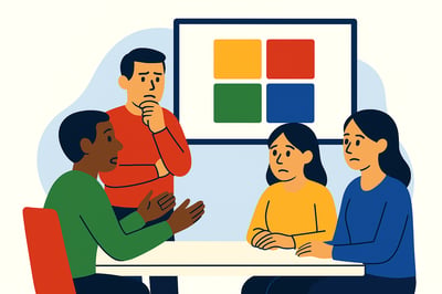 Blog 9 - What Is MyHardWiredA diverse group reviews a simple label chart and appears unsure, symbolizing the limits of personality labels.