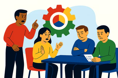 Four coworkers show different instinctive stress reactions in the same office: Red asserts control, Yellow talks more, Blue withdraws, and Green slows down to process. A MyHardWired gear and soft blue background tie the scene together.