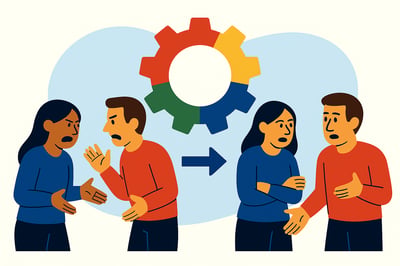 Two coworkers are shown repeating the same tense conversation in two scenes—different words, same pattern. A MyHardWired gear and blue abstract background shape frame the moment.