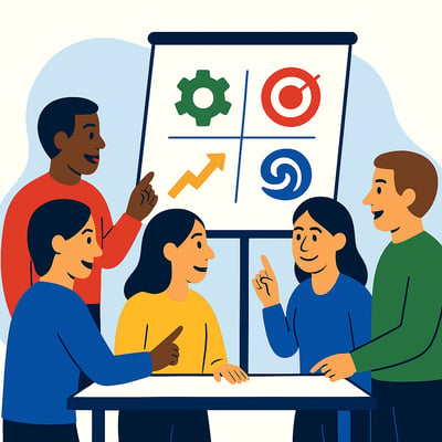 A diverse group of leaders gather around a table pointing to a four-quadrant diagram on a presentation screen, with each quadrant showing a simple symbol—process, target, momentum, and ideas—representing the four different ways leaders naturally see the future.
