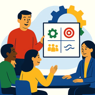 A leader presents a four-part vision framework to three colleagues, showing simple icons for system evidence, outcomes, people momentum, and meaning. Behind the framework is a subtle four-quadrant MyHardWired gear in the strict brand color order—red top-left, yellow top-right, green bottom-left, blue bottom-right—symbolizing how vision is translated across different wiring styles.