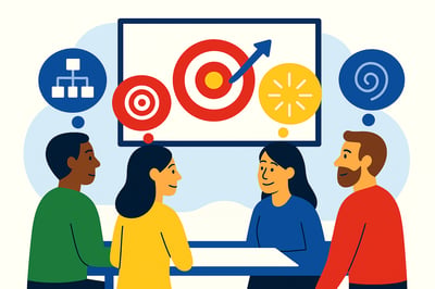 A diverse group of leaders sit around a table looking at the same vision concept on a presentation screen while each person imagines it differently in their own thought bubble—one seeing a process, one seeing a target, one seeing opportunity, and one seeing an abstract idea—illustrating how wiring shapes how vision is interpreted.
