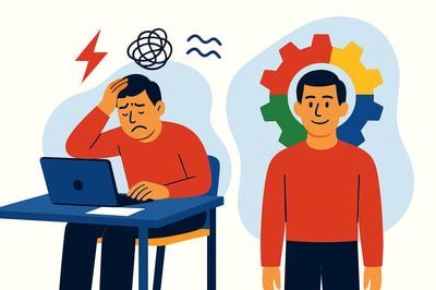 A split-scene illustration of the same team member shown stressed at a desk on the left with stress icons overhead, and calm on the right with a MyHardWired four-quadrant gear behind him in the strict brand color order—red top-left, yellow top-right, green bottom-left, blue bottom-right—representing behavioral alignment.