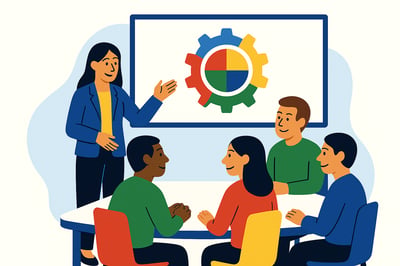 A consultant presents a behavioral contribution diagram to a diverse team gathered around a table. A four-quadrant MyHardWired gear—red top-left, yellow top-right, green bottom-left, blue bottom-right—is displayed on a screen, representing alignment of roles with natural behavioral Modes.