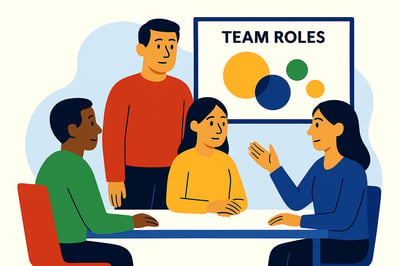A diverse team sits around a table discussing role assignments while a presentation screen behind them shows a simple “Team Roles” diagram with overlapping colored circles, representing how teams often map responsibilities.
