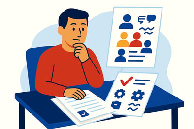 A hiring manager reviews both a skills-based resume and a behavioral profile side by side, illustrating the difference between technical ability and behavioral fit in a clean, flat MyHardWired-style illustration.