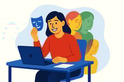 A women who has a mask in her hand smiling because she is self aware of her behavior