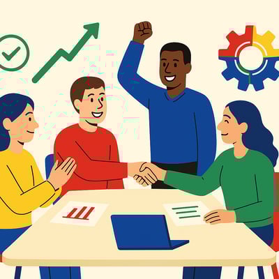 A team around a desk happy because their communication is good