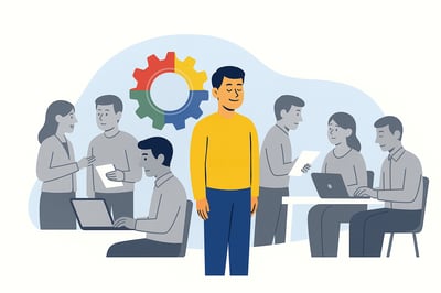 A man standing confidently while everyone behind them is struggling