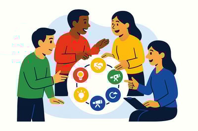 A team of four with a diagram in the middle with communication icons.