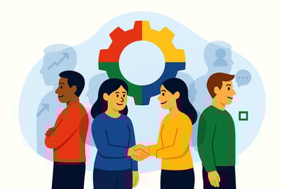 A team that is shaking hands and smiling getting along